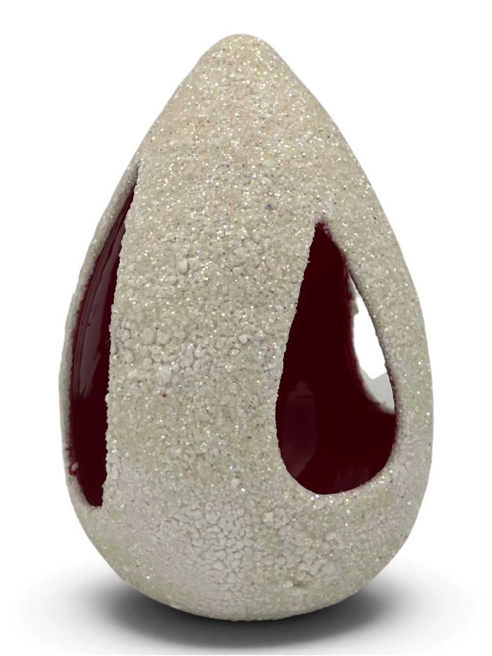 Vintage MCM White Sugared Glitter Teardrop Luminary Candle Holder Red Interior